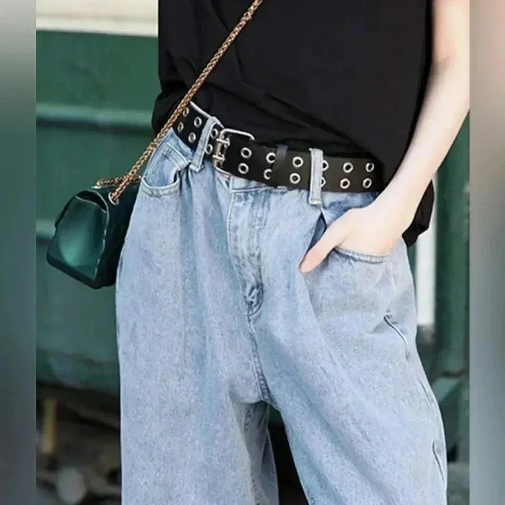 Brown Vegan Leather Double Silver Tone Grommet and Buckle Belt Large
